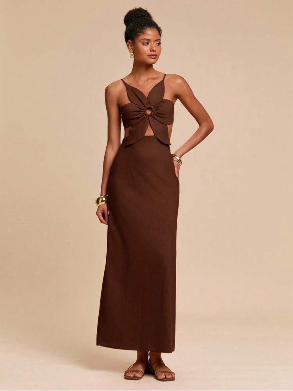 New Dark Brown Petal Backless Strap Dress
